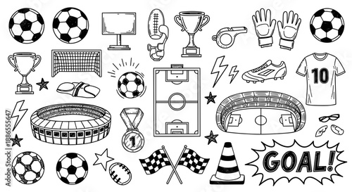 Soccer Icon Clipart Pack – Hand-Drawn Football Field, Trophy, Stadium & Gear Graphics