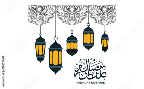 An ornate illustration features teal lanterns with golden light suspended below delicate white floral mandalas alongside Ramadan greetings high-quality professional detailed modern.