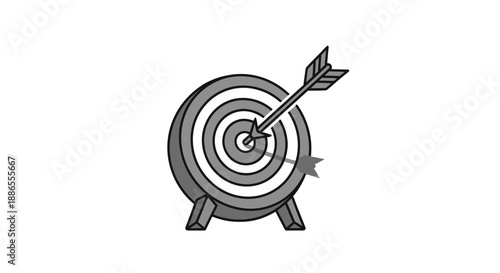 Black and white illustration of an arrow hitting the bullseye of a target on a stand.