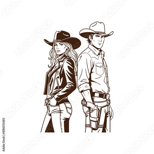 Cowboy couple standing back to back with guns