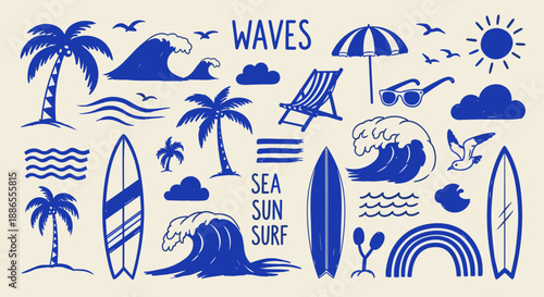 Surf & Beach Icon Set – Tropical Ocean Waves, Palm Trees, and Summer Clipart