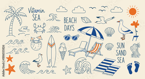 Beach Doodle Clipart Pack – Hand-Drawn Summer, Ocean, and Vacation Elements
