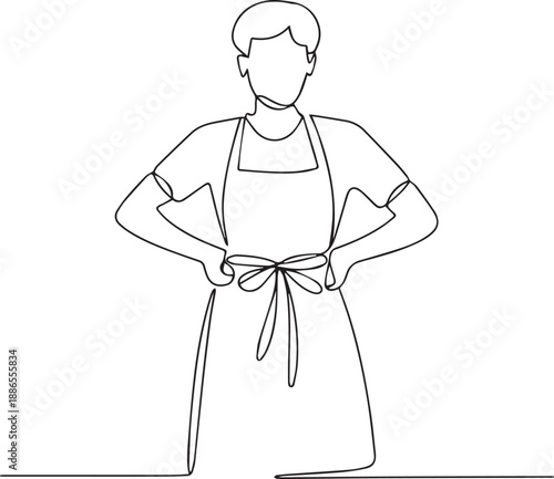 Continuous line drawing of a person wearing an apron with hands on hips, simple illustration