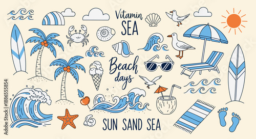 Beach Doodle Clipart Pack – Hand-Drawn Summer, Ocean, and Vacation Elements