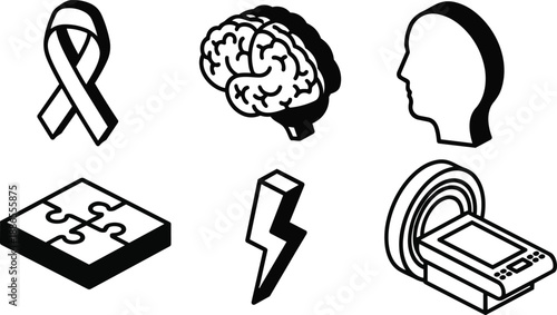 Isometric line art icon set showing mental health symbols ribbon brain head puzzle lightning mri scanner simple black and white flat vector top view bold stroke