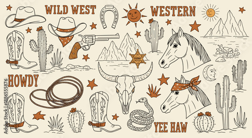 Wild West Clipart Set – Vintage Western Icons, Cowboy Gear & Desert Graphics