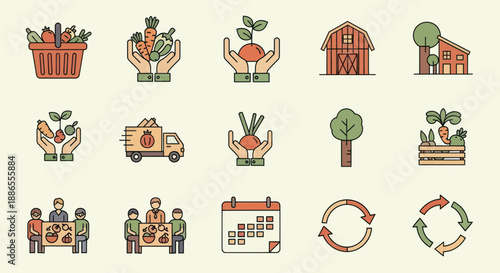 Collection of Farming and Agriculture Icons with Produce Buildings and People.