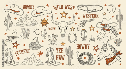 Wild West Clipart Set – Vintage Western Icons, Cowboy Gear & Desert Graphics