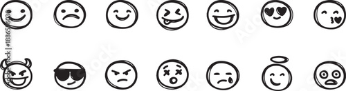 Hand-drawn emoji face set showing happy, sad, angry, love, cool, and surprised expressions. Simple black outline emoticons representing emotions and moods. Ideal for stickers, social media, messaging 