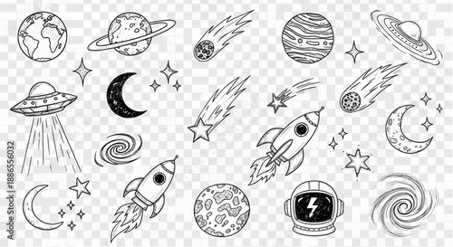 Space Doodle Clipart Set – Hand-Drawn Rockets, Planets, Stars & Galaxy Elements