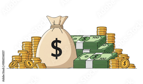 Wealth and savings cartoon flat vector illustration with money and coins