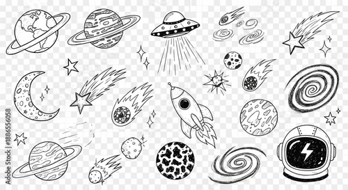 Hand Drawn Space Doodle Icons – Planets Rockets Stars Seamless Background