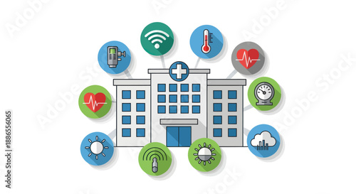 Modern Hospital Building with Medical Icons and Symbols.