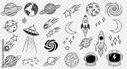 Hand Drawn Space Doodle Icons – Planets Rockets Stars Seamless Background