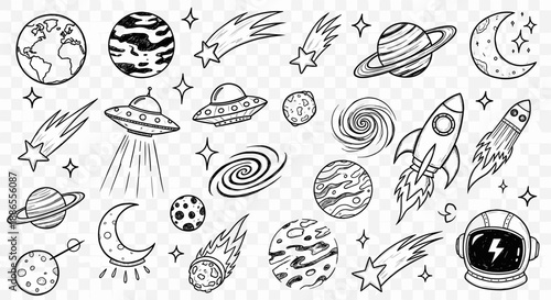 Space Doodle Clipart Set – Hand-Drawn Rockets, Planets, Stars & Galaxy Elements