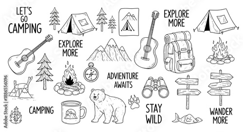 Camping Adventure Doodle Set – Hand-Drawn Outdoor Icons, Hiking & Nature Clipart