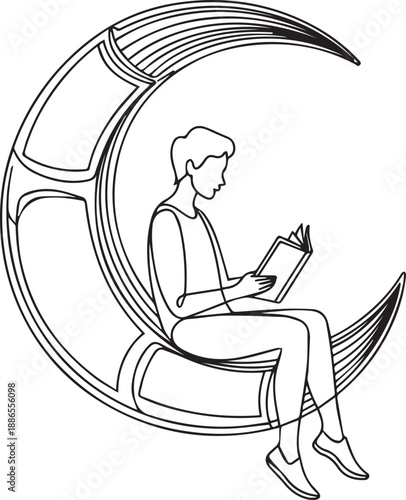 Man sitting on crescent moon reading book in serene environment