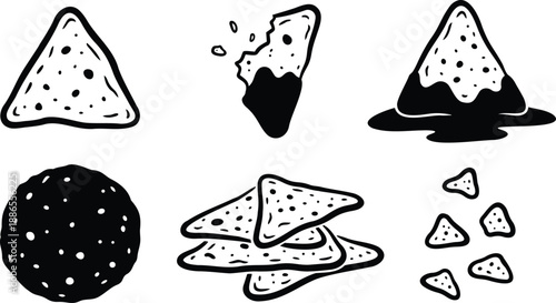 Line art close up trio of tortilla chips stacked and bitten pieces scattered snack food set isolated flat layout graphic bold outline hand drawn vector style