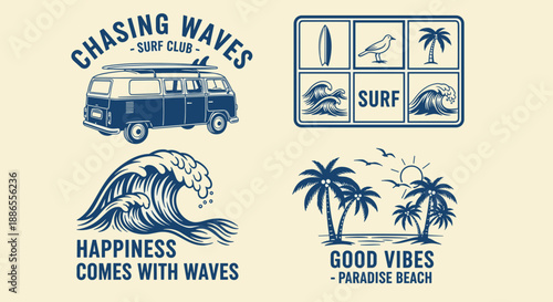 Vintage Surf Badge Bundle – Retro Beach Car & Ocean Emblem Clipart Set