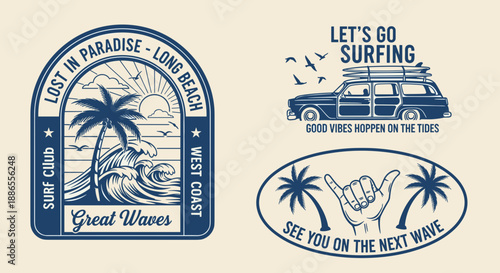 Vintage Surf Badge Bundle – Retro Beach Car & Ocean Emblem Clipart Set