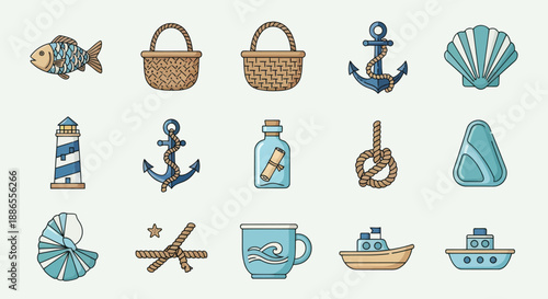 Nautical themed icons: fish baskets anchors shells lighthouse bottle knot sticks mug and boats.