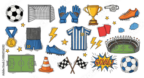 Soccer Game Day Clipart Set – Colorful Football Icons, Jerseys, Trophies & Equipment