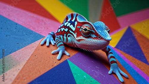 colorful chameleon on geometric pattern background, adaptability concept