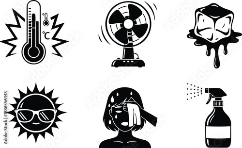 Flat design vector icon set with thermometer fan melting ice cube sun wearing sunglasses sweating person wiping face and spray bottle grid in black and white
