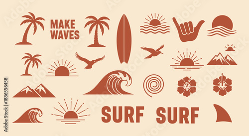 Surf Beach Icons Bundle – Retro Summer Ocean Wave Vector Graphics