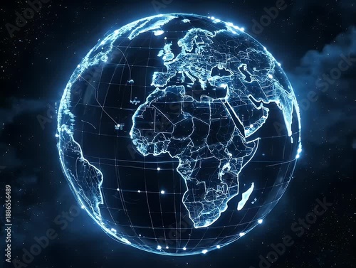 A luminous, digital Earth globe against a starry backdrop