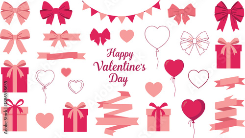 Valentine’s Day illustration, pink and red theme, heart balloons, gift boxes, ribbon bows, festive love design, romantic celebration vector art
