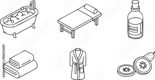 Minimalist line art spa icon set bathtub with bubbles massage table oil bottle folded towels bath robe cucumber slices top view simple vector outline clean design