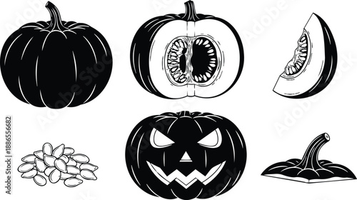 Line art pumpkin set with whole fruit half slice seed pile carved jack lantern face for halloween vector icons in black and white flat design studio