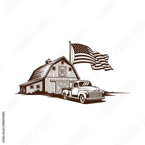 Vintage truck and barn with american flag