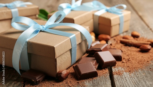 チョコレートとリボンのプレゼント用ギフトボックス　バレンタイン用背景素材