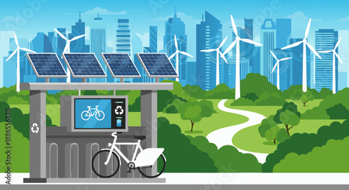 Sustainable urban living vector illustration showcasing a green city skyline with solar-powered bike share and wind energy