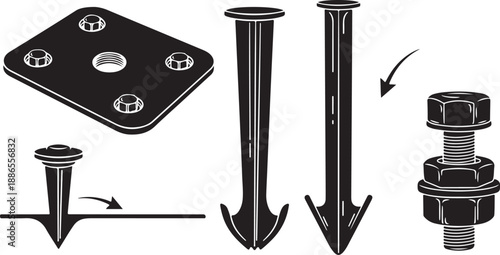 Black and white illustration of screws and bolts assembly