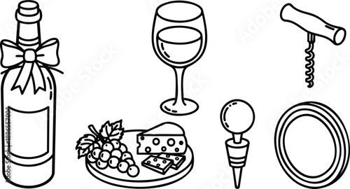Vector wine and cheese flat design close up bottle with bow and corkscrew glass and cheese platter with grapes top view soft line art minimalist outline