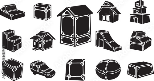 Black and white isometric objects and buildings illustration set