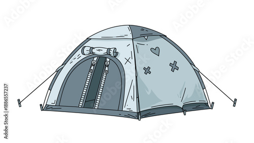 Simple blue camping tent with heart and cross details for outdoor adventure and travel isolated on a white background.