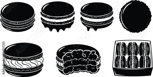 Line art close up assortment of macarons with dripping filling bitten cookie and boxed set viewed top and side angles minimalist black and white vector silhouette