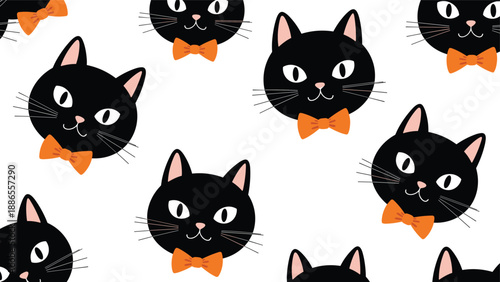 Playful seamless pattern featuring heads of cute black cats wearing bright orange bowties over a plain white background.