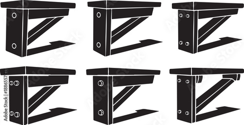 Black metal bracket designs in various orientations shown