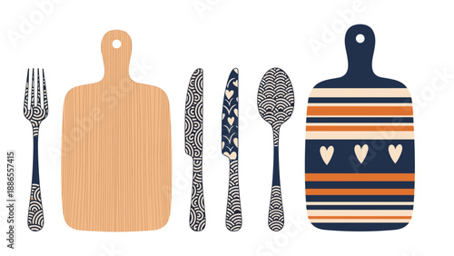 Collection of kitchen utensils including a fork, knives, and spoon with intricate patterns and two cutting boards.