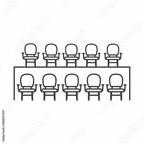 A line art illustration depicting a jury box or a formal meeting setup with ten chairs arranged around a long table.
