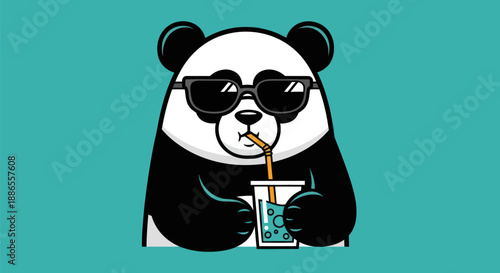 Cartoon panda drinking soda in sunglasses