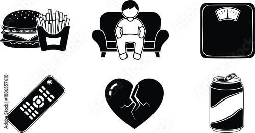Flat design black silhouette unhealthy habits icons showing burger and fries soda can remote control couch with seated person scale weighing broken heart symbol simple concept