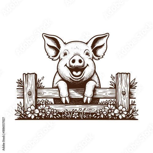 Happy pig leaning on a wooden fence in a flower field