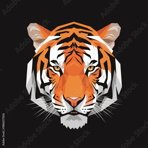 Geometric low-poly tiger head illustration with orange, black, and white facets on a dark background.