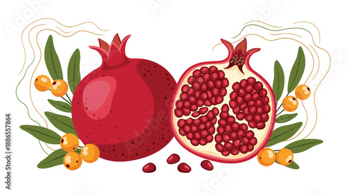 Whole and halved pomegranates showing seeds surrounded by green leaves and small orange berries for autumn harvest.